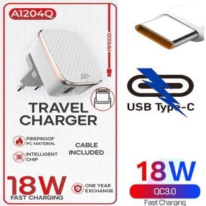 Chargeur de voyage à charge rapide 18 W avec 1 port USB + cable 1 type V8 compatible avec Samsung Xiaomi Huawei One Plus OPPO Realme