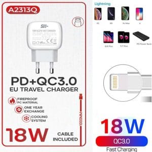 Chargeur de voyage à charge rapide PD-QC3.0 18 W avec 1 port USB + cable 1 USB-IOS LIGHTNING compatible avec IPhone