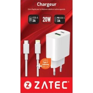 Chargeur secteur PD 3A 20W 2 ports (A/C)+ Câble TYPE-C to Lightning